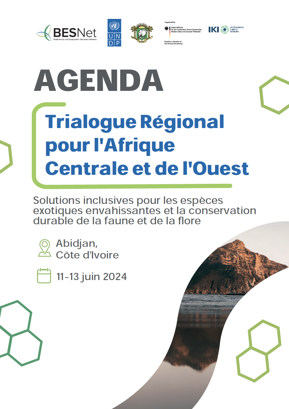 Agenda pour le Trialogue Régional de l'Afrique de l'Ouest et du Centre, axé sur des solutions inclusives pour les espèces envahissantes et la conservation durable. Cliquez sur l'image pour télécharger l'affiche.